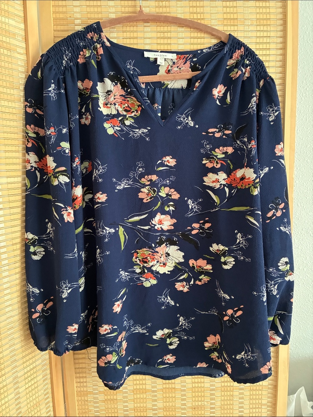 Collective Concepts Navy Floral V-Neck Blouse with Smocked Shoulders